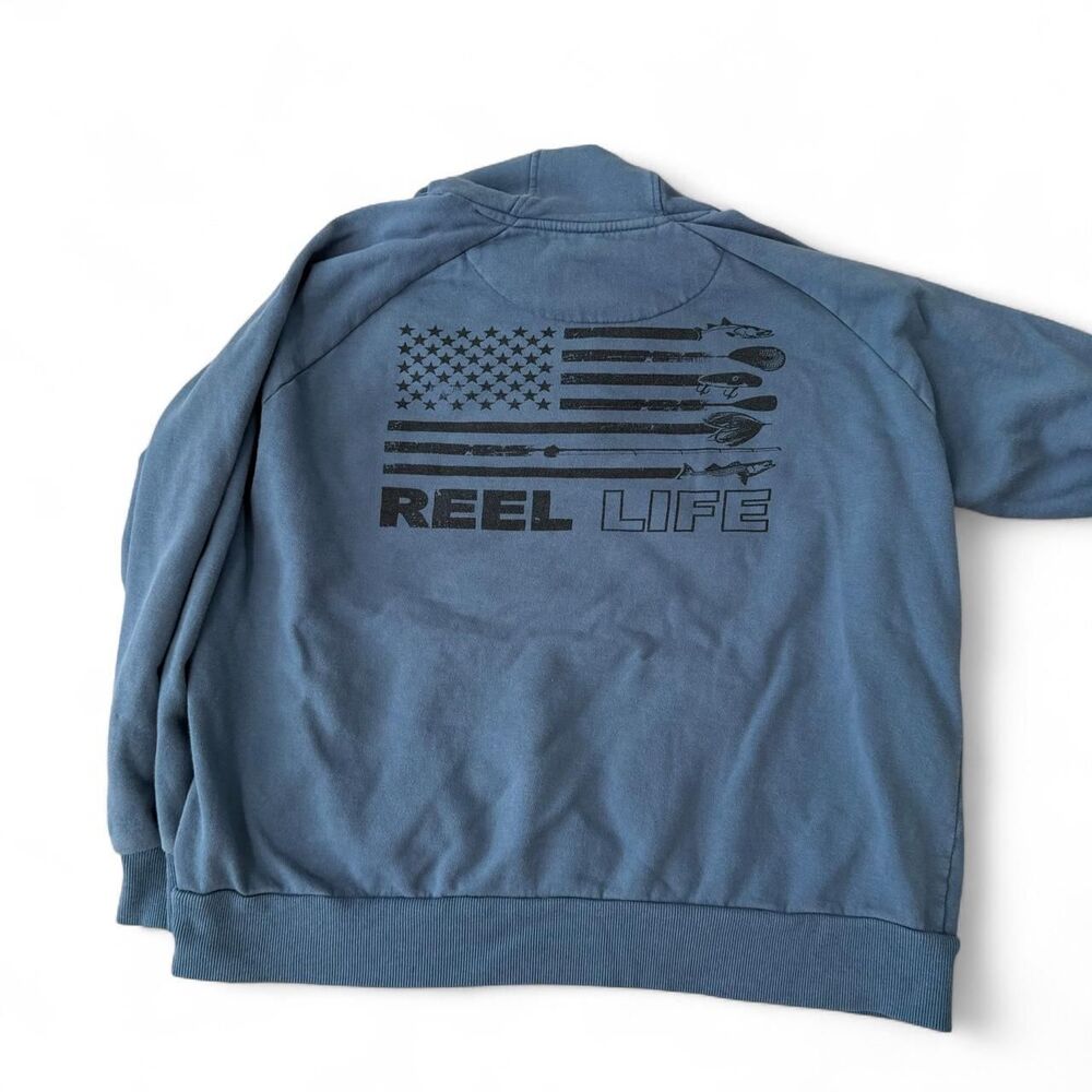 Reel Life Fishing Hoodie Men's L/XL Slate Blue American Flag Graphic Pullover